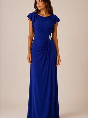Jessica Howard Cobalt Blue Flutter Sleeve Maxi Dress with Side Brooch